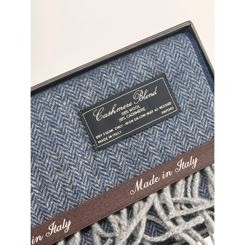Linea Emmett Cashmere Wool Blend Scarf Herringbone Blue Grey Made in Italy 12x71
